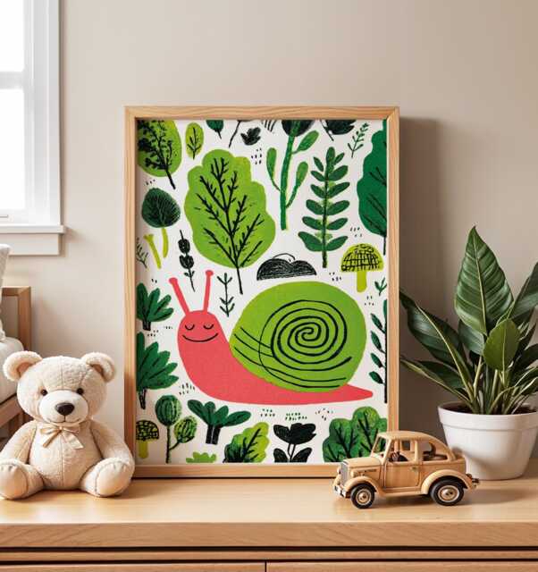 Snail Nursery Wall Art, Whimsical Illustration, Forest Animal Print, Nature Kids Room Decor, Cute Baby Poster, Playful Green Art - image 1