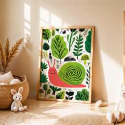 Snail Nursery Wall Art, Whimsical Illustration, Forest Animal Print, Nature Kids Room Decor, Cute Baby Poster, Playful Green Art - thumbnail 2