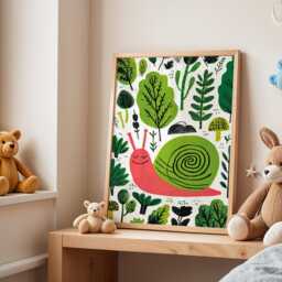 Snail Nursery Wall Art, Whimsical Illustration, Forest Animal Print, Nature Kids Room Decor, Cute Baby Poster, Playful Green Art - thumbnail 3