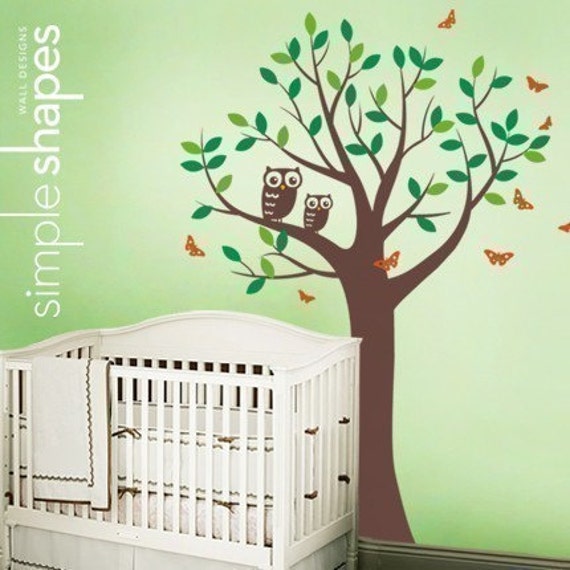 Tree With Two Owls & Butterflies Decal Set - Nursery Vinyl Wall - image 1