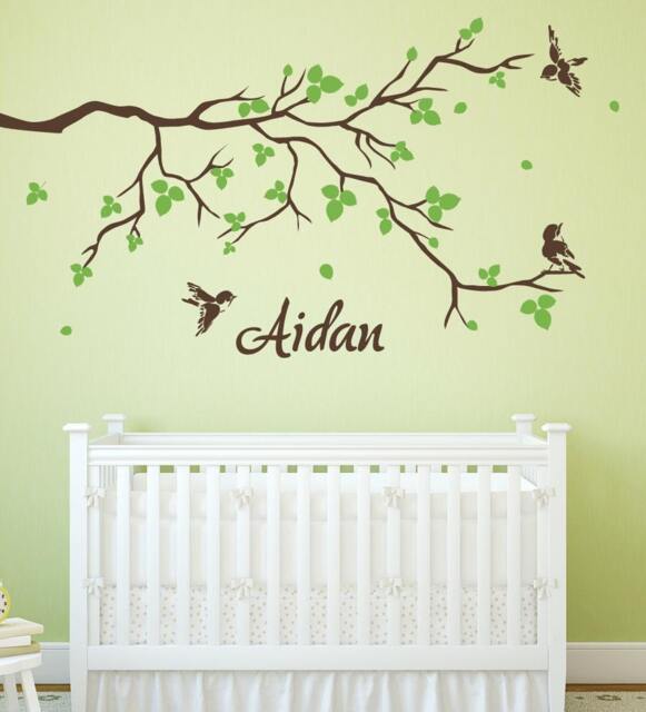 Spring Tree Branch With Birds & Leaves Wall Sticker Decals Home Decor Custom Name By Decalisland - Stylish Modern Sd 062 - image 1