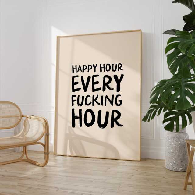 Happy Hour Print - Kitchen Natural & Black Wall Art Bar Sign Funny Cocktail Poster - image 1