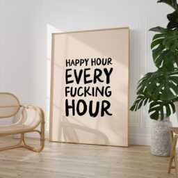 Happy Hour Print - Kitchen Natural & Black Wall Art Bar Sign Funny Cocktail Poster - thumbnail 1