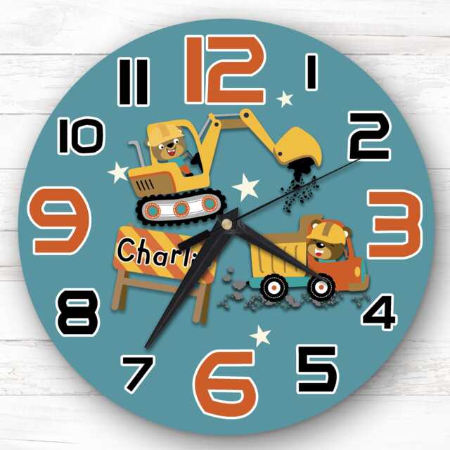 Construction Digger Building Childrens Personalised Gift For Kid's Bedroom Clock - Kids Clock, Children's , Custom Wall - image 1