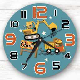 Construction Digger Building Childrens Personalised Gift For Kid's Bedroom Clock - Kids Clock, Children's , Custom Wall