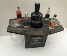 Table Top Gin Bar Solid Wood With Chalkboard Slate Personalised - Takes 2 Hanging Glasses & Bottle Holder, Butlers