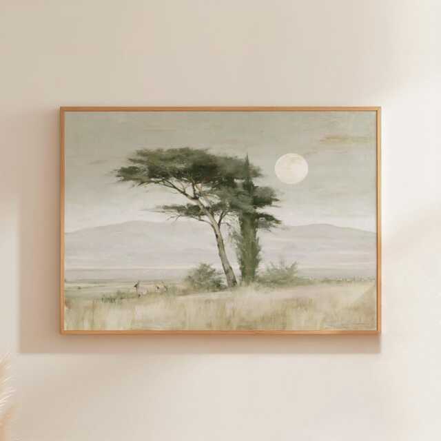 Cypress Tree Poster, Moon Landscape Print, Neutral Wall Art, Paper - image 1