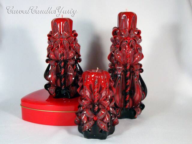 Red & Black Hand Carved Candle Set Unique Paraffin Wax Gift - image 1
