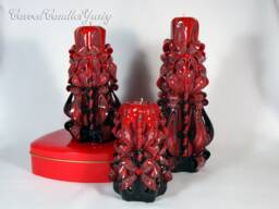 Red & Black Hand Carved Candle Set Unique Paraffin Wax Gift - thumbnail 1