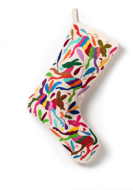 Handcrafted Otomi Christmas Stocking - Mexican Embroidered Cotton For Rainbow Contact Me - image 1