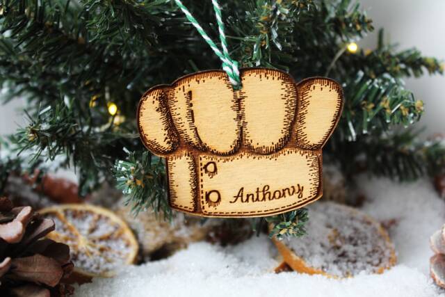 Personalised Cooking Christmas Ornament Chef Hat Foodie Wood Custom Bauble Laser Engraved Rustic Wooden Name Personalise Decoration Irish - image 1