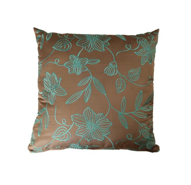 Embroidered Tafetta Floral Pillow Cover - Brown & Blue