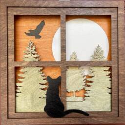 Layered Wood Art Window Scene With Cat, Sunset, Trees - Rustic Nature Wall Decor - thumbnail 2