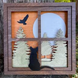 Layered Wood Art Window Scene With Cat, Sunset, Trees - Rustic Nature Wall Decor - thumbnail 4