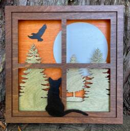Layered Wood Art Window Scene With Cat, Sunset, Trees - Rustic Nature Wall Decor - thumbnail 1