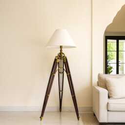 Rustic Sheesham Wood Tripod Floor Lamp - Antique Brass Finish - thumbnail 2