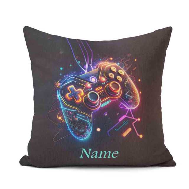 Neon Game Remote Personalised Cushion Custom Name Gamer Pillow Bright Decor Gift For Kids Teens Or Adults Fun Gaming Bedroom Accessory - image 1