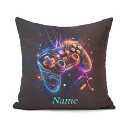 Neon Game Remote Personalised Cushion Custom Name Gamer Pillow Bright Decor Gift For Kids Teens Or Adults Fun Gaming Bedroom Accessory - thumbnail 1