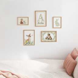Woodland Nursery Gallery Wall Set, Personalised Animal Prints in Oak Or White Frames, Baby Room Forest Decor, Bunny Bear Deer Art - thumbnail 3