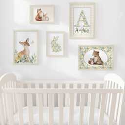 Woodland Nursery Gallery Wall Set, Personalised Animal Prints in Oak Or White Frames, Baby Room Forest Decor, Bunny Bear Deer Art - thumbnail 2