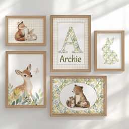 Woodland Nursery Gallery Wall Set, Personalised Animal Prints in Oak Or White Frames, Baby Room Forest Decor, Bunny Bear Deer Art - thumbnail 1