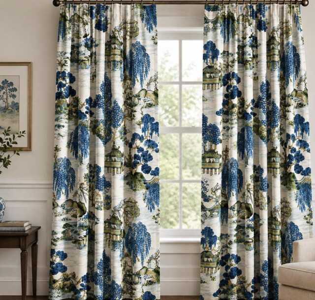 Designer Thibaut Asian Scenic Curtains Panels Drapes Cafe Curtains Blue Green Grey Or One Valance - image 1