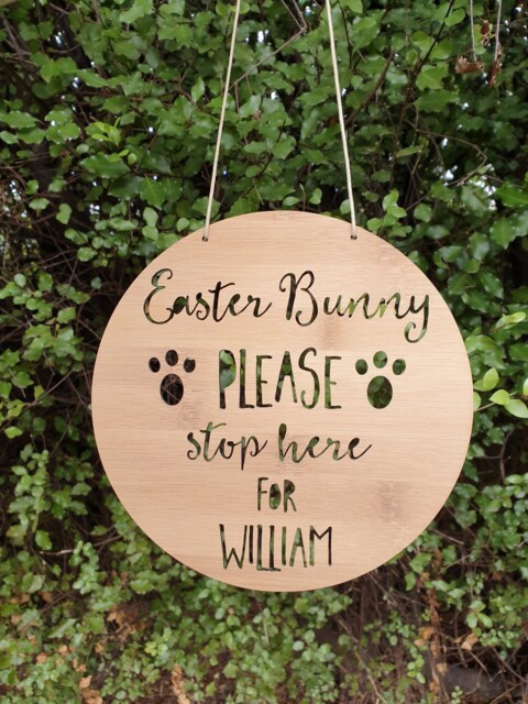Personalised-Custom Easter Bunny Please Stop Here Bamboo-Wooden Door-Wall Hanging 19.5cm-Plaque-Easter Bunny-Personalized-Easter Gift - image 1