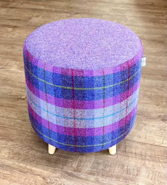 Lilac & Tartan Harris Tweed Footstool With Tiny Wooden Legs - image 1