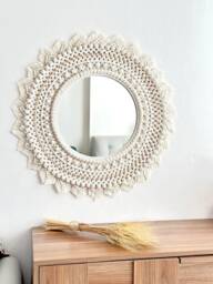 Handmade White Macrame Mandala Mirror, Bohemian Wall Decor - 31.5