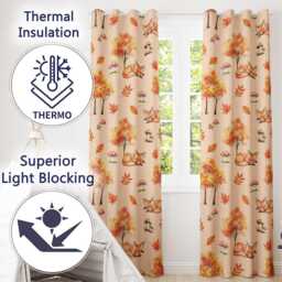 Cute Autumn Fox Leaves Mushrooms Watercolor Warm Beige Seamless Pattern Readymade Eyelet Ring Top Thermal 100% Blackout Curtains - thumbnail 3