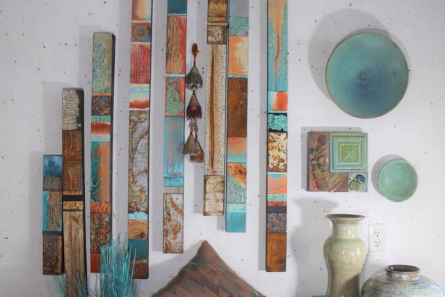 Abstract Sunset Coral Peach Adobe Turquoise Recycled Rust Patina Textured Paint Extra Large Wood Metal Wall Relief 2D Sculpture Decor - image 1