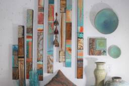 Abstract Sunset Coral Peach Adobe Turquoise Recycled Rust Patina Textured Paint Extra Large Wood Metal Wall Relief 2D Sculpture Decor