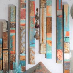 Abstract Sunset Coral Peach Adobe Turquoise Recycled Rust Patina Textured Paint Extra Large Wood Metal Wall Relief 2D Sculpture Decor - thumbnail 2
