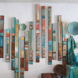 Abstract Sunset Coral Peach Adobe Turquoise Recycled Rust Patina Textured Paint Extra Large Wood Metal Wall Relief 2D Sculpture Decor - thumbnail 4