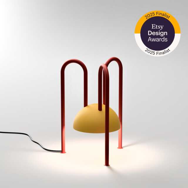 Allugi Modern Geometric Table Lamp From Balance Lamp With A Yellow Globe & Red Legs - image 1