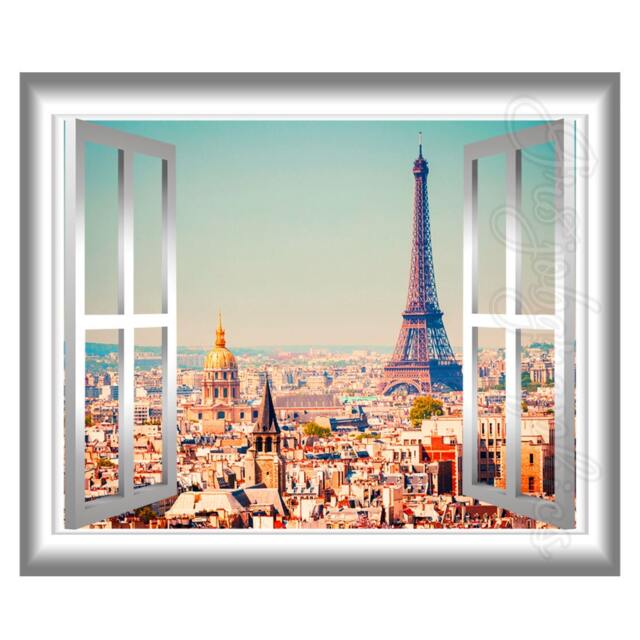 3D Window Frame Wall Decal - Eiffel Tower Paris Scene Peel & Stick France Home Decor - Gj13