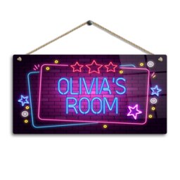 Personalised Neon Print Room Sign - Pink Brick Theme. Gloss Metal Wall Art