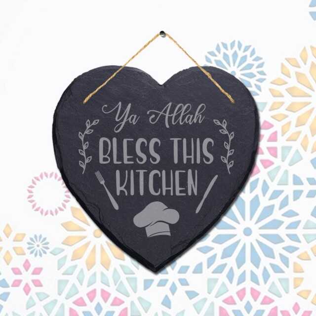 Ya Allah Bless This Kitchen Engraved Islamic Wall Hanging Slate Heart Plaque Sign - image 1