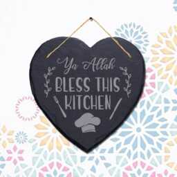 Ya Allah Bless This Kitchen Engraved Islamic Wall Hanging Slate Heart Plaque Sign - thumbnail 1