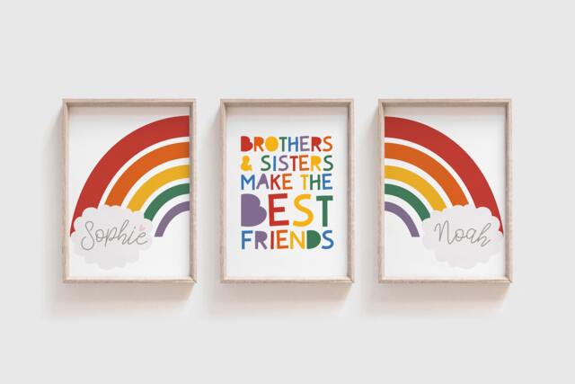 Set Of 3 Playroom Prints, Brother Sister Rainbow Wall Art, Nursery, Sibling Twins Art - image 1
