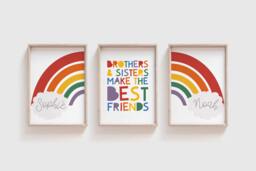 Set Of 3 Playroom Prints, Brother Sister Rainbow Wall Art, Nursery, Sibling Twins Art - thumbnail 1