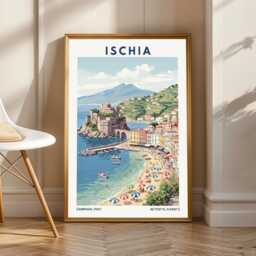 Ischia Coastline Vintage Gouache Print Italian Coastal Travel Poster - thumbnail 1