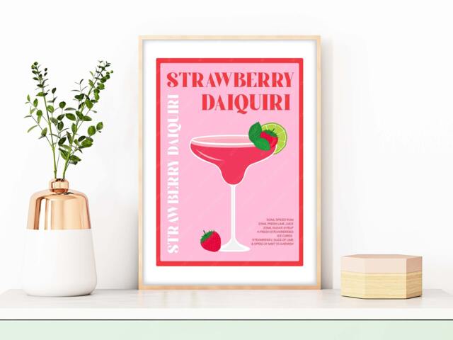 strawberry Daiquiri Cocktail Print, Poster, Cocktails Wall Art, Decor - image 1