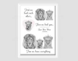 Personalised Safari Animal Lion Family Print Girl - Unframed Birth Gift New Baby Keepsake - thumbnail 1