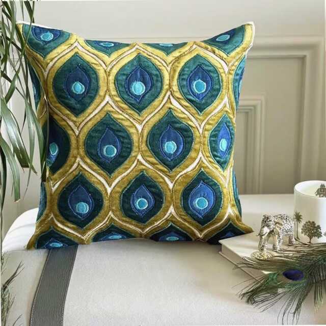 Green Velvet Applique Birds Pattern Modern Throw Pillow Cover - Art Deco Peacock - image 1