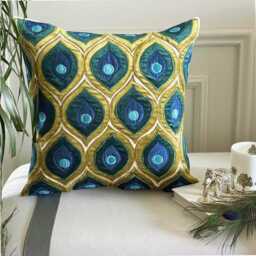 Green Velvet Applique Birds Pattern Modern Throw Pillow Cover - Art Deco Peacock - thumbnail 1