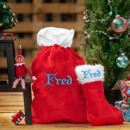 Personalised Christmas Plush Red Santa Sack & Or Stocking Embroidered With Name Gift Set - Xmas Bag Kids Matching Sets