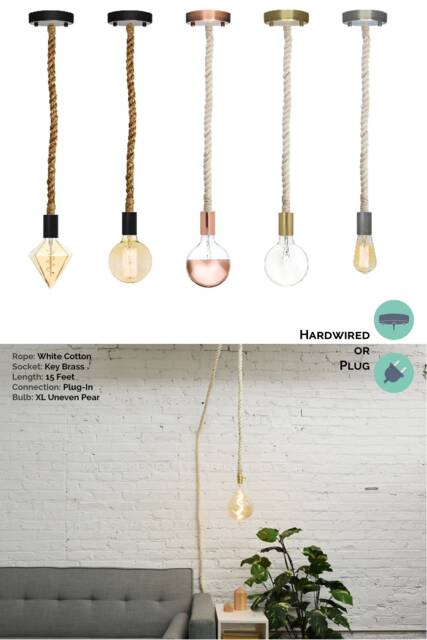 Rope Pendant Light - White Cotton Modern Industrial Manila Rustic Lighting Hardwired Or Plug in Light Farmhouse - image 1