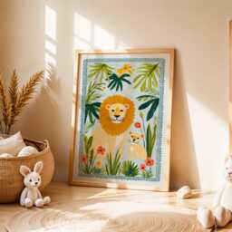 Lion Nursery Wall Art, Jungle Animal Illustration, Safari Kids Room Decor, Playful Baby Print, Nature Inspired Poster - thumbnail 2