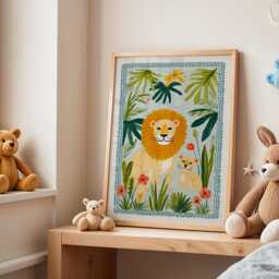 Lion Nursery Wall Art, Jungle Animal Illustration, Safari Kids Room Decor, Playful Baby Print, Nature Inspired Poster - thumbnail 3